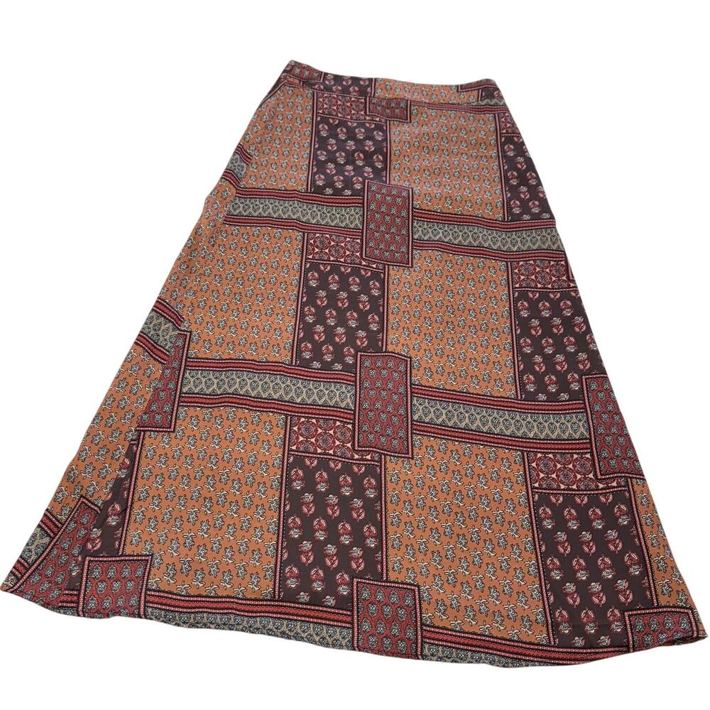 Sara Navon Skirt Womens‎ XS Brown Orange Boho Patchwork A-Line Lined Midi Floral